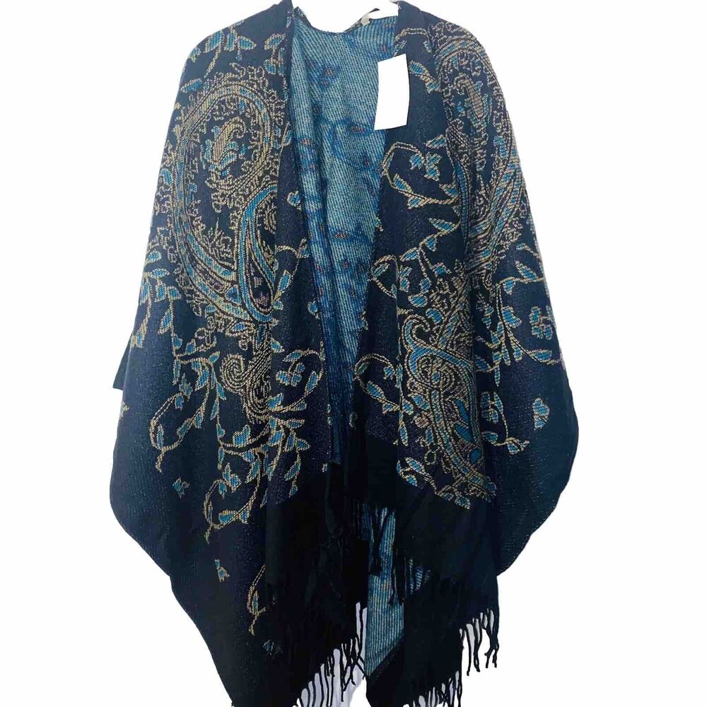 Soft Surroundings Wrap Cape Black, Teal & Gold  Fringe Hem One Size Fits All